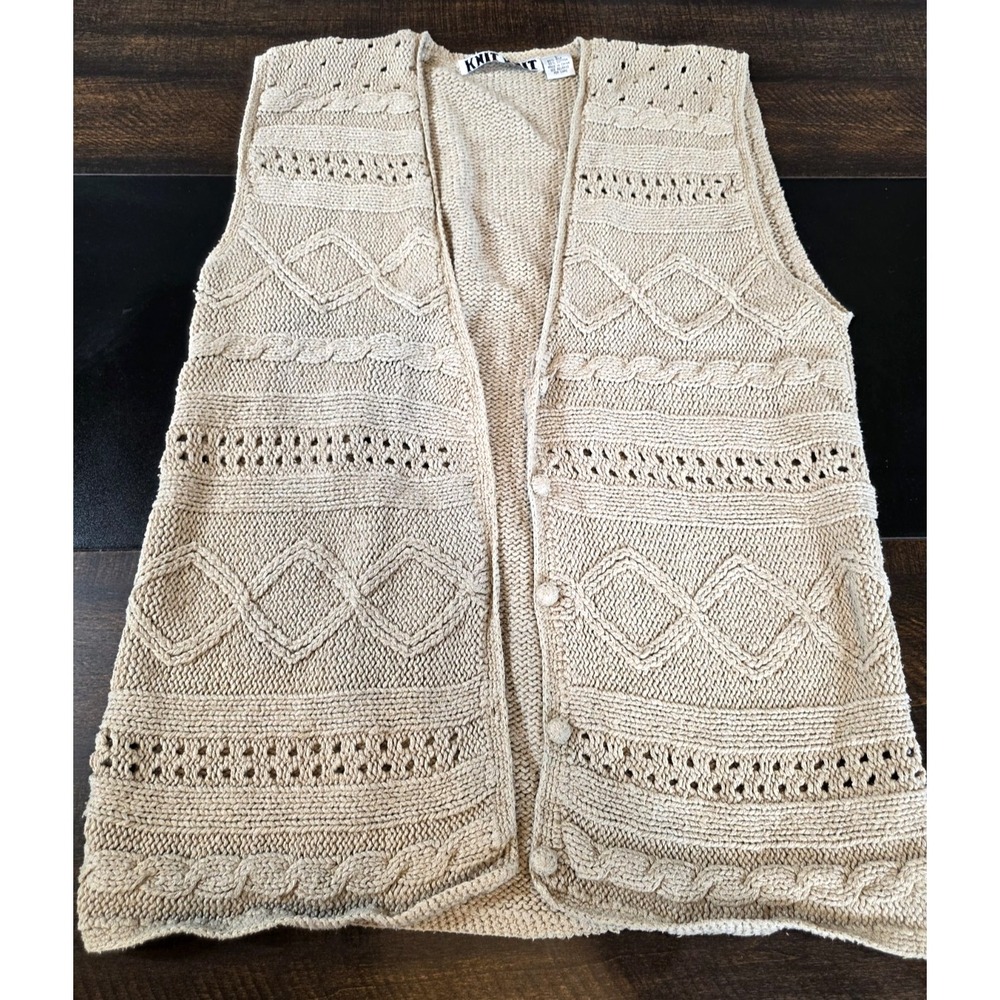 Vintage Knit Knit Chunky Cable Knit Sweater‎ Vest Silk Cotton Tan Cream Large L